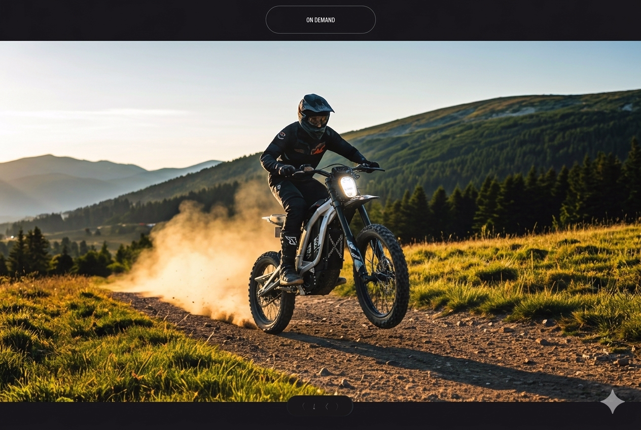 A rider on a light electric dirt bike riding along a dusty dirt trail at golden hour, lifting the front wheel in a wheelie with scenic mountain hills and pine trees in the background.